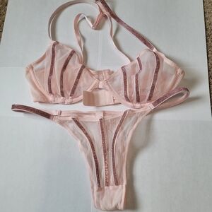 Victoria's Secret Sheer Pink Rhinestone-Trim Bra & Thong Set